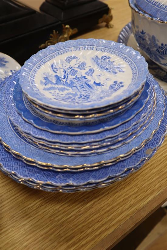 A blue and white Samuel Alcock china, plates, cups and saucers, soup tureen, ladle and dish